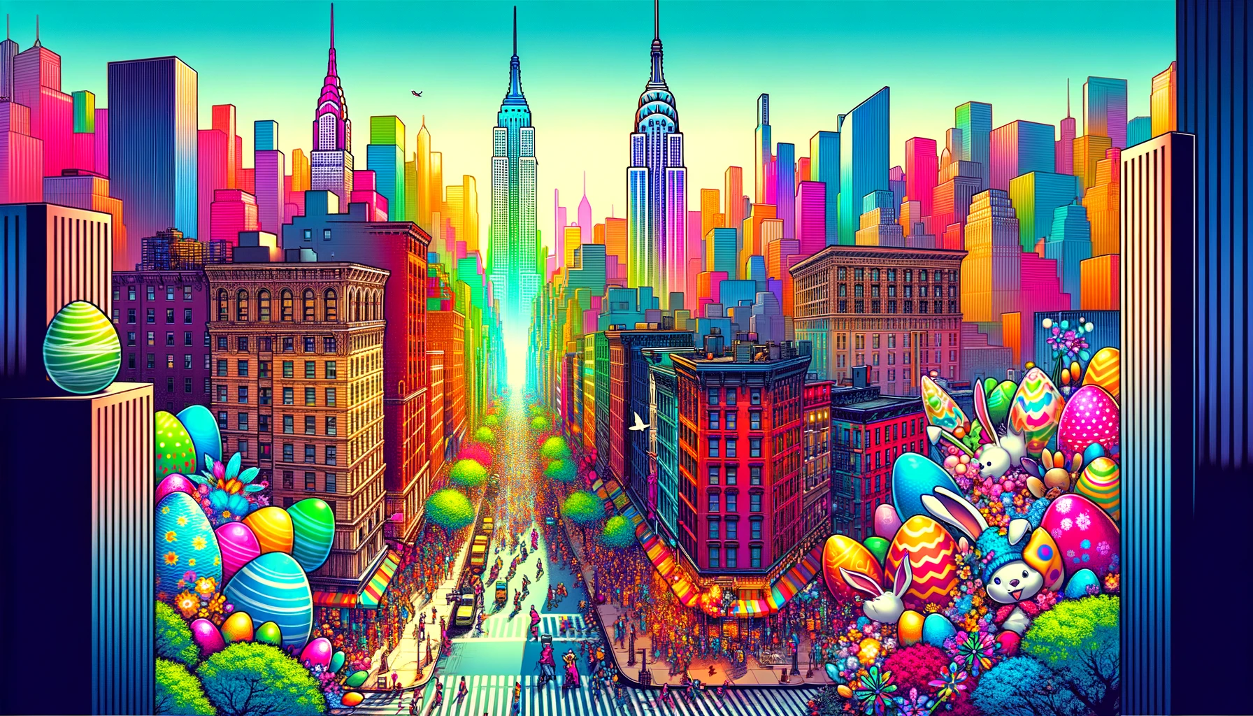 Drawing of a colorful NYC skyline where the streets are flooded with eggs and rabbits.